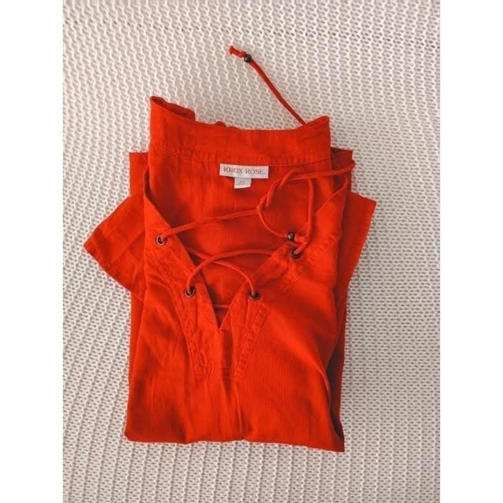 Knox Rose Red Lace Up 100% Cotton Bohemian Blouse  Fits L/ XL Short Slve V-Neck - Picture 8 of 8
